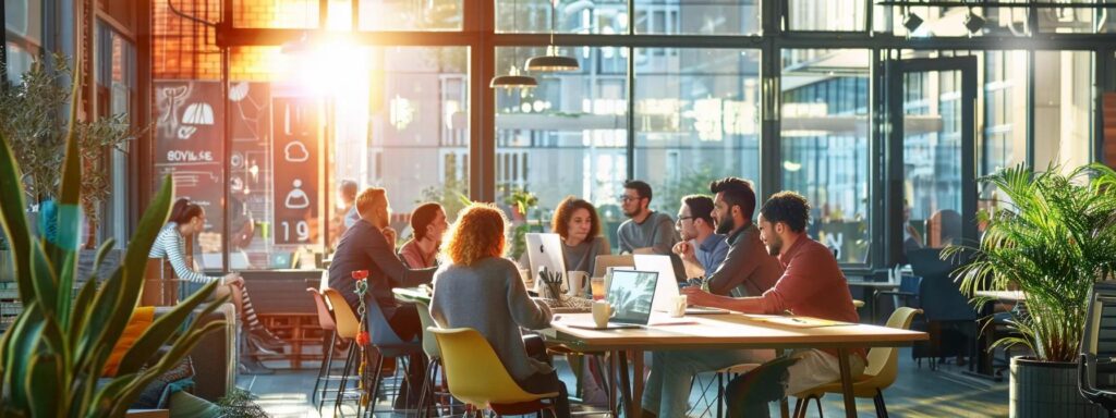 Vibrant workspace with diverse professionals collaborating around a large table, laptops open, in a well-lit modern office environment, emphasizing user-centered design and teamwork.