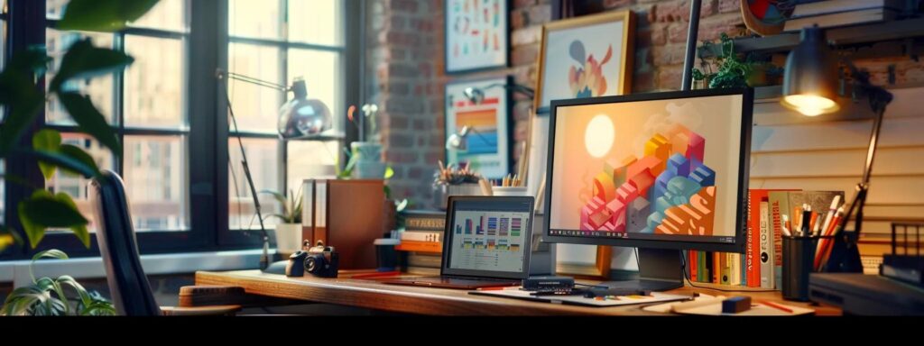 Vibrant workspace featuring a computer monitor displaying colorful graphics, a laptop, design tools, and books, emphasizing the importance of typography and graphics in web design.