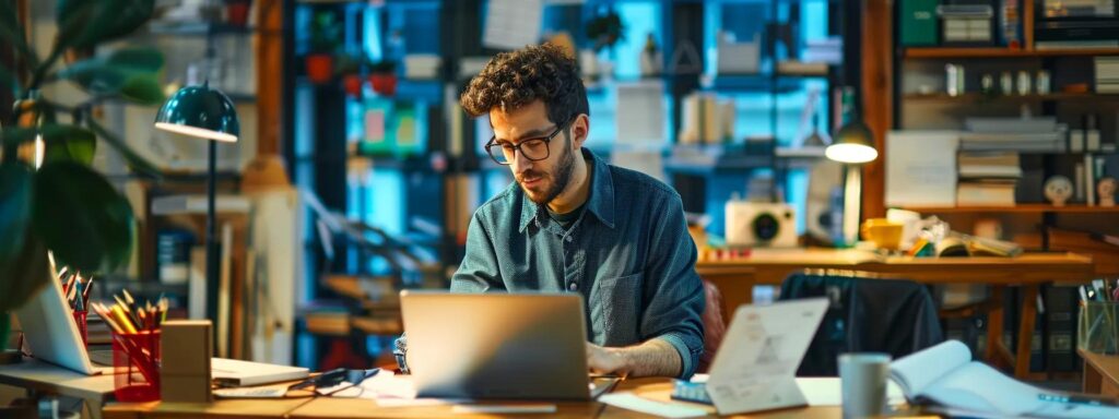 Man working on a laptop in a vibrant workspace, surrounded by books, stationery, and warm lighting, illustrating a mobile-first design approach in a digital marketing context.
