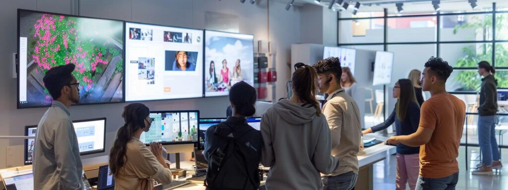 Vibrant workspace with diverse individuals engaging with technology, showcasing user experience design tools and collaborative environments for digital product innovation.