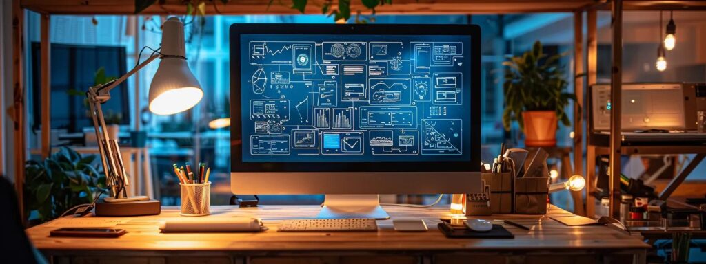 Vibrant workspace featuring a computer screen displaying data visualizations and analytics, with a desk lamp, stationery, and plants, illustrating user interface design and prototyping concepts.