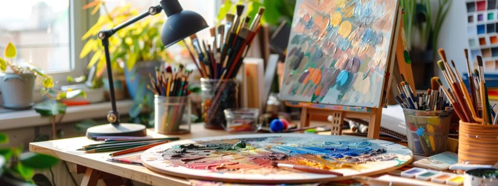 Vibrant artist workspace featuring a color palette, paintbrushes, and art supplies, illustrating color theory application in web design and creative processes.