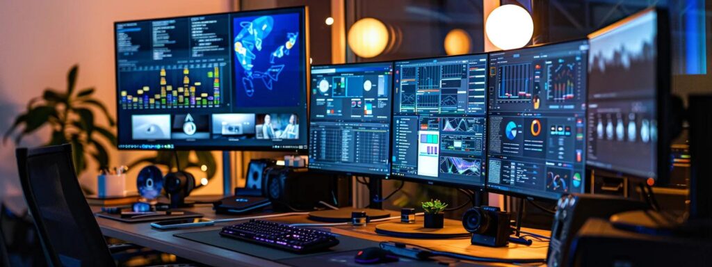 Vibrant workspace featuring multiple monitors displaying user experience analytics, design tools, and data visualizations, emphasizing UX design and collaboration.