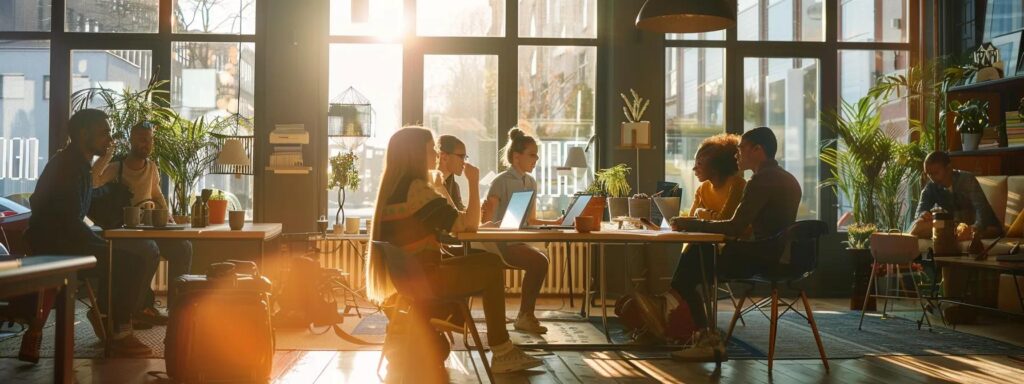 Vibrant workspace featuring diverse individuals collaborating on laptops, surrounded by plants, emphasizing user-centered design principles in a modern office setting.