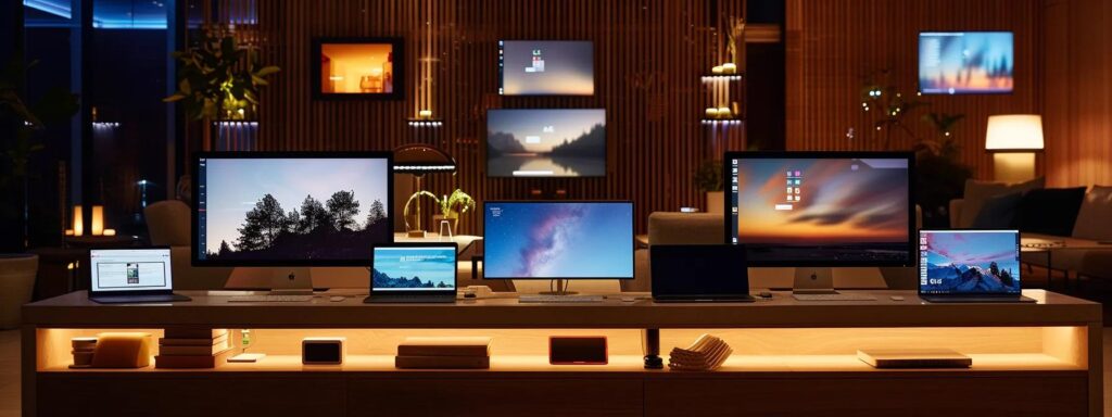 Modern workspace featuring multiple computers and screens, showcasing responsive design and user interface elements in a stylish setting, emphasizing technology's role in enhancing user experience.