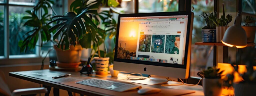 Workspace with a desktop computer displaying vibrant graphics, surrounded by indoor plants and warm lighting, emphasizing the role of design elements in enhancing website appeal.