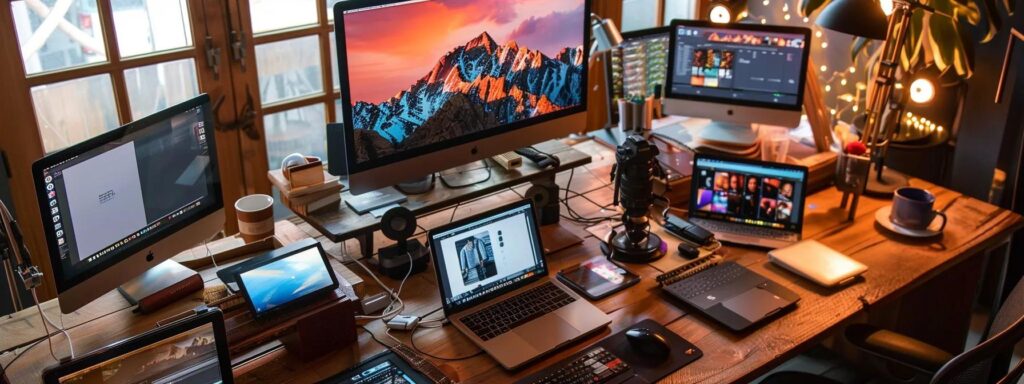 Visually dynamic workspace featuring multiple monitors, laptops, and digital devices on a wooden desk, illustrating modern design principles for responsive web accessibility.