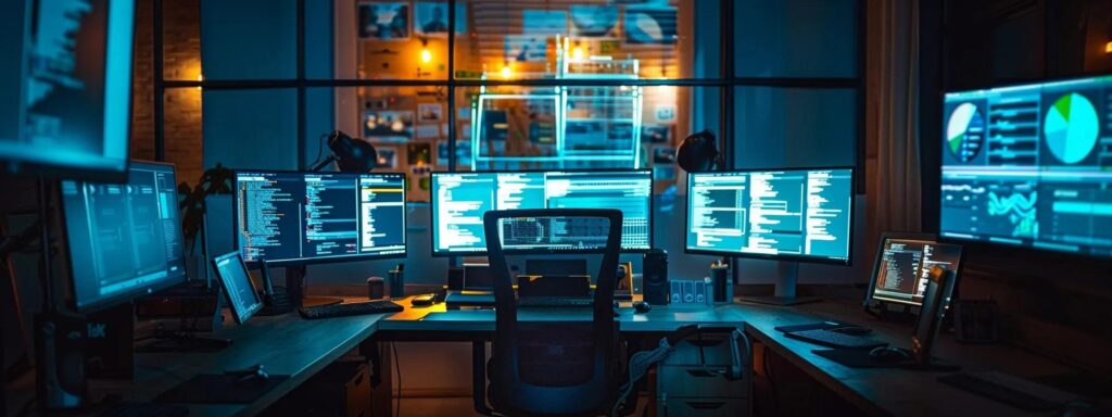 High-tech workspace with multiple monitors displaying code and data visualizations, highlighting web development and grid system design.