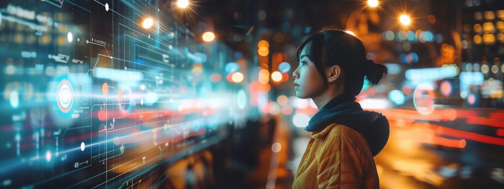 Woman observing a digital interface in an urban setting, emphasizing technology and user engagement in web accessibility.