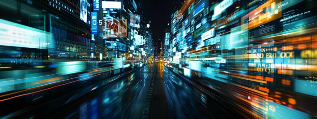 Futuristic cityscape with motion blur, showcasing vibrant digital screens and data visualizations, representing web accessibility and user engagement in a digital environment.