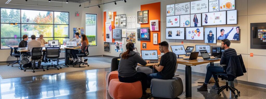 Collaborative workspace featuring individuals engaged in user-centered design discussions, modern desks with computers, vibrant wall displays, and a focus on user experience principles.