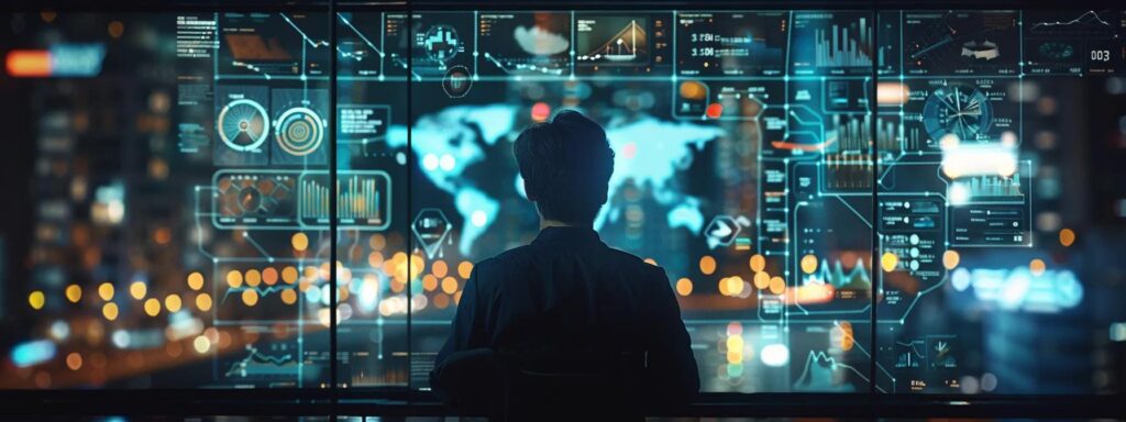 Person observing a digital interface displaying data analytics and global maps, emphasizing clarity and organization in web accessibility.