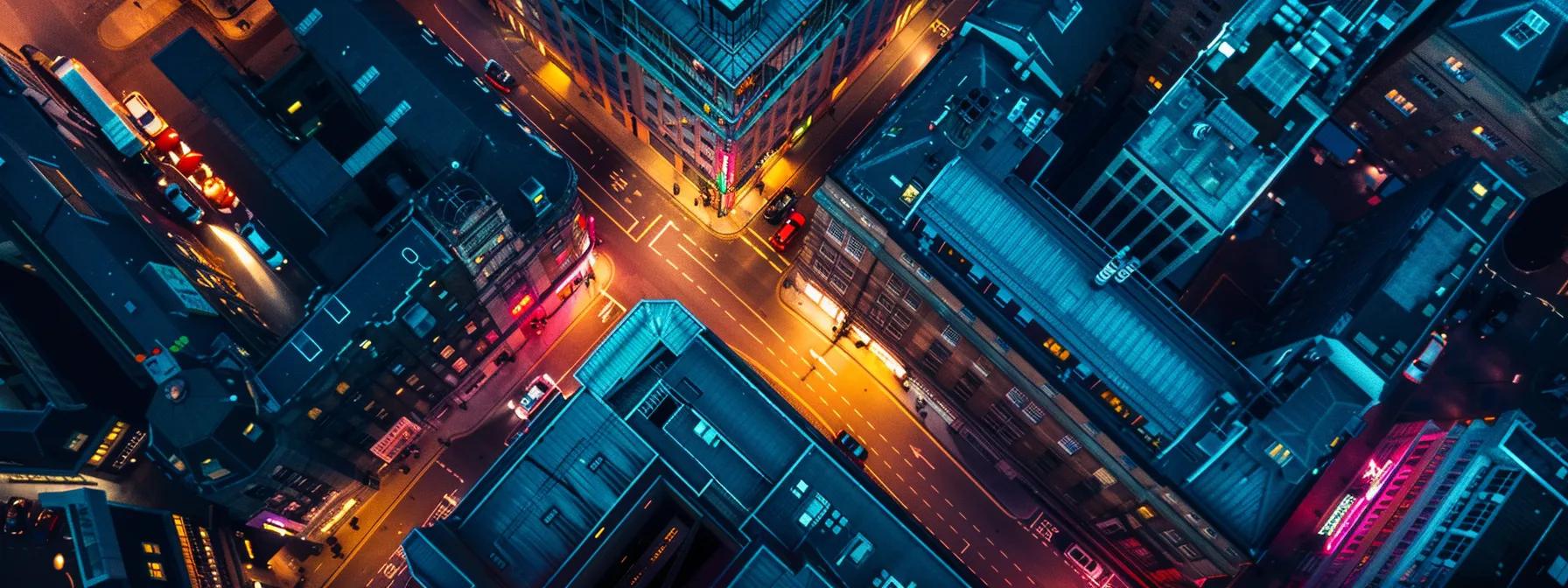 Aerial view of a vibrant city intersection at night, showcasing illuminated buildings, streets, and vehicles, emphasizing urban design and user experience in web design contexts.