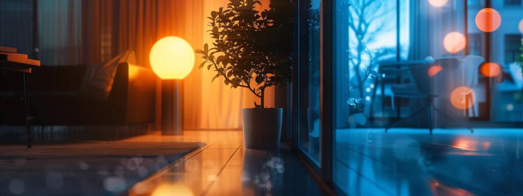 Interior scene with contrasting warm and cool lighting, featuring a plant, a glowing lamp, and a modern chair visible through glass, emphasizing responsive design principles in digital spaces.