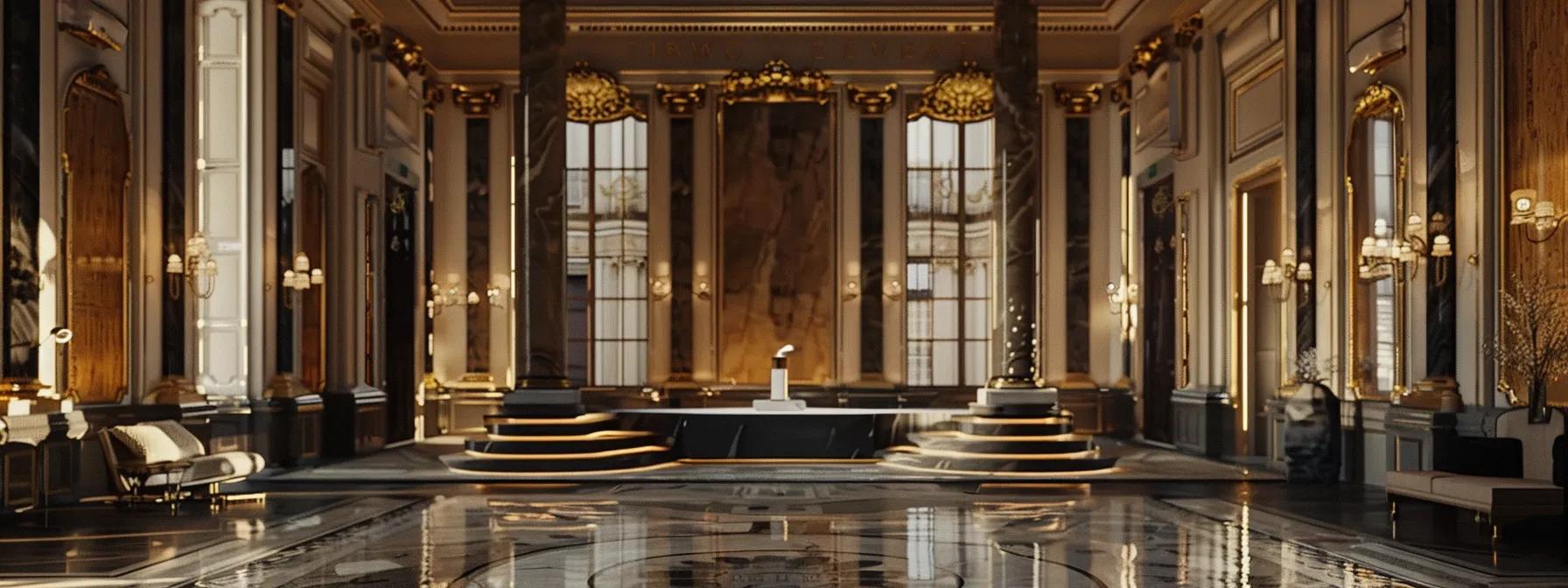 Luxurious interior of a grand hall featuring ornate columns, elegant chandeliers, polished marble floors, and a stylish reception area, emphasizing sophisticated design elements relevant to web design and user experience principles.