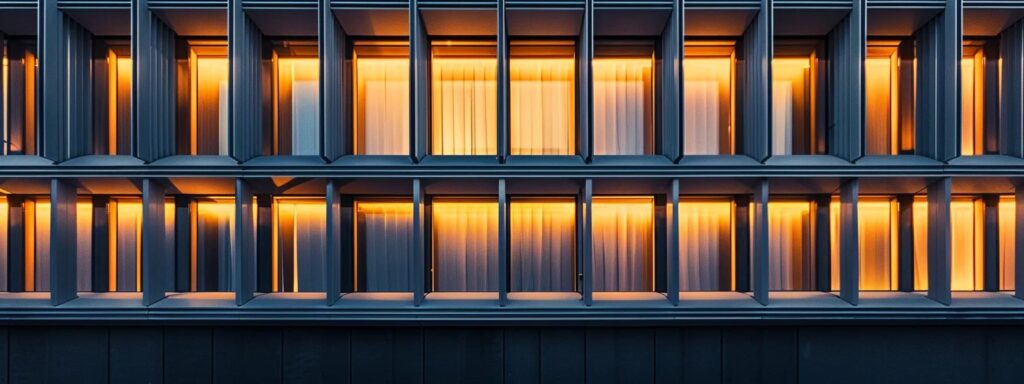 Modern building facade with grid-like window arrangement, illuminated warm tones, showcasing structured design and visual harmony relevant to web design principles.