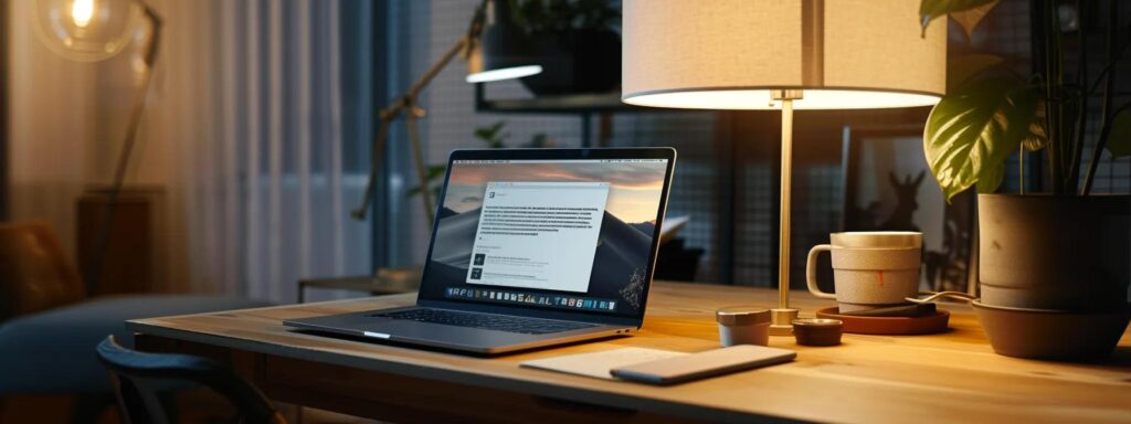 Laptop on wooden desk with a warm lamp, coffee cup, and plant, illustrating a productive workspace for enhancing website design through typography and graphics.
