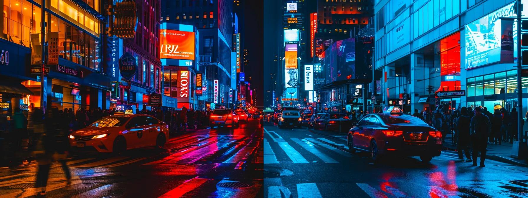 Vibrant urban scene at night showcasing illuminated storefronts and billboards in a busy city street, with yellow taxi and red cars reflecting on wet pavement, highlighting modern design and visual appeal relevant to web design discussions.