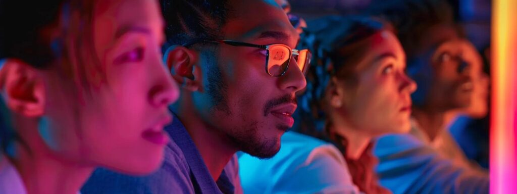 Diverse group of individuals engaged in a focused discussion, illuminated by colorful lighting, reflecting the importance of user feedback in usability testing.