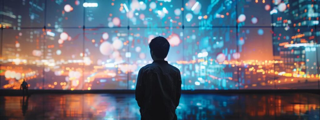 Person observing a vibrant digital landscape with colorful lights and abstract visuals, reflecting modern web design trends and immersive content experiences.