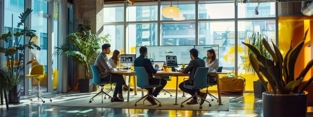 Collaborative workspace with diverse team members engaged in discussion around a table, featuring modern technology and vibrant plants, emphasizing teamwork in web design projects.