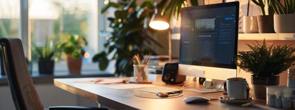 Sleek modern workspace featuring a computer monitor displaying UX design tools, surrounded by plants and office supplies, illustrating a productive environment for user experience design.