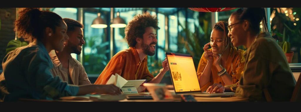 Group of diverse young professionals collaborating around a laptop in a modern workspace, emphasizing teamwork and innovation in digital marketing and web design.