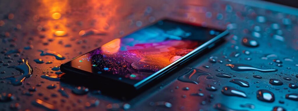 a captivating close-up of a sleek smartphone displaying a vibrant, responsive website design, set against a minimalist background that emphasizes its intuitive user interface and mobile-first approach.