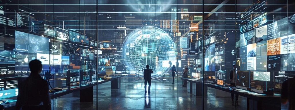 a dynamic and futuristic e-commerce design interface glows on multiple digital screens, showcasing vibrant product visuals and seamless navigation that adapts effortlessly to a variety of devices in a sleek, modern workspace.