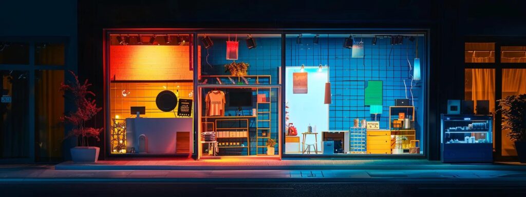 a dynamic depiction of a small business storefront transformed by responsive web design, featuring a vibrant e-commerce interface illuminated in bright colors, symbolizing growth and engagement in a digital landscape.