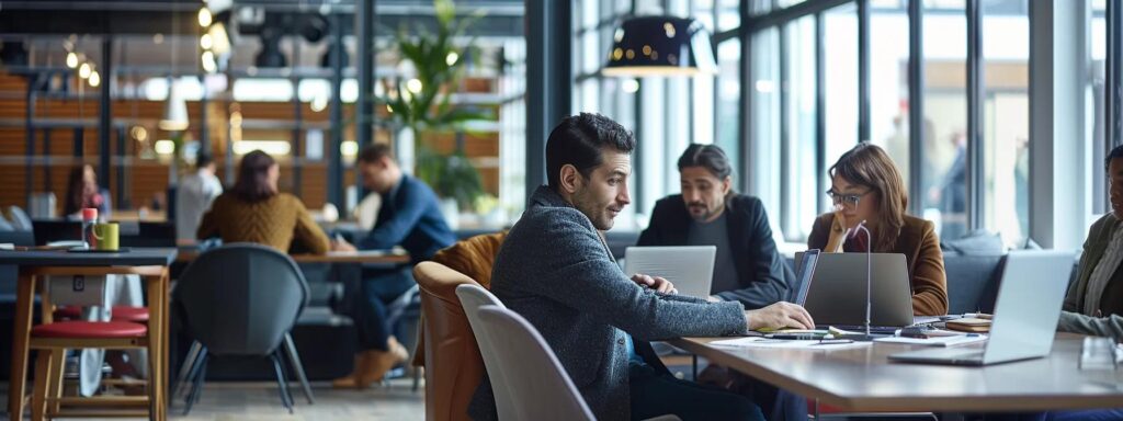 a dynamic, modern workspace showcasing a diverse group of professionals engaging with various digital devices, emphasizing the importance of responsive design in enhancing user experience across platforms.