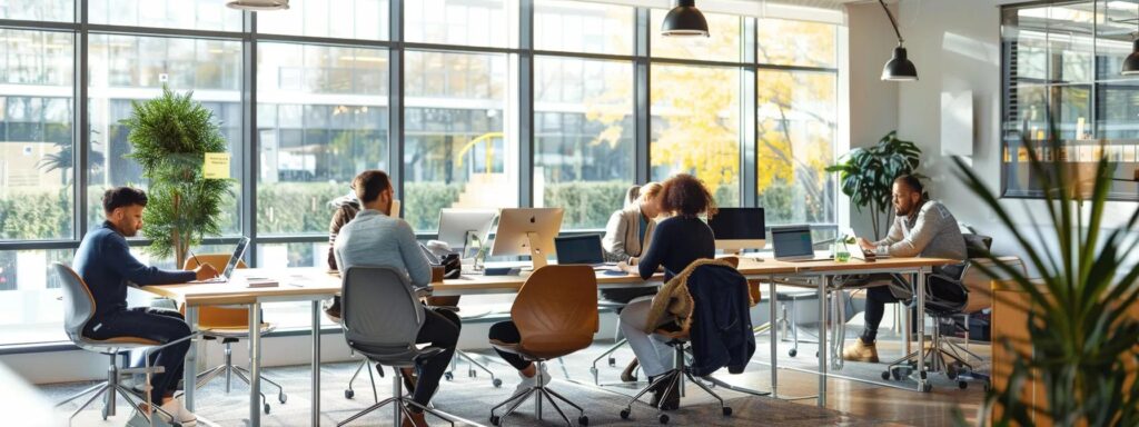 a dynamic office environment showcases diverse professionals collaborating over sleek mobile devices, embodying the essence of innovative mobile-first design in action.