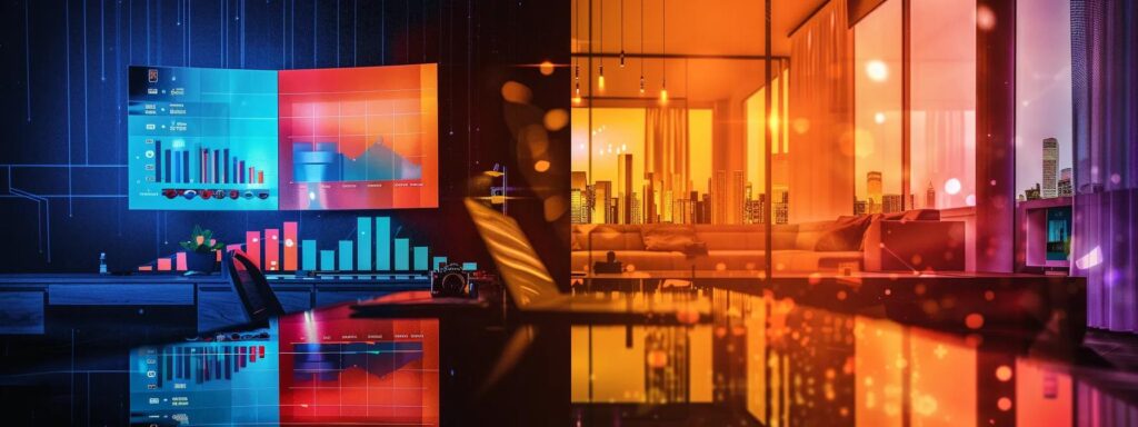 a dynamic split-screen image illustrates the stark contrast between user engagement metrics on responsive versus traditional website designs, showcasing vibrant graphs and analytics that visualize bounce rates and session durations.