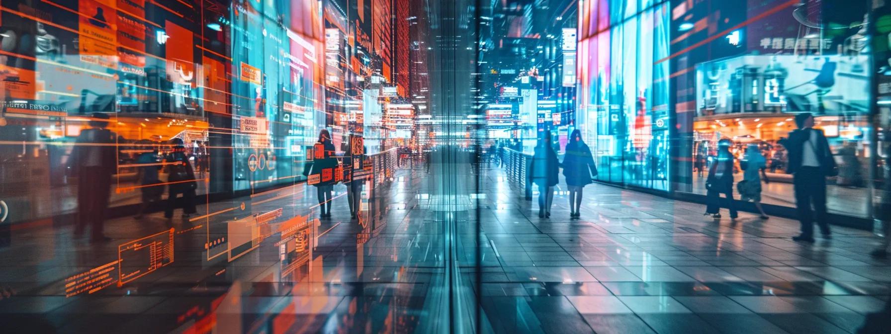 City street at night with illuminated digital advertisements and people walking, reflecting themes of responsive web design and digital marketing.