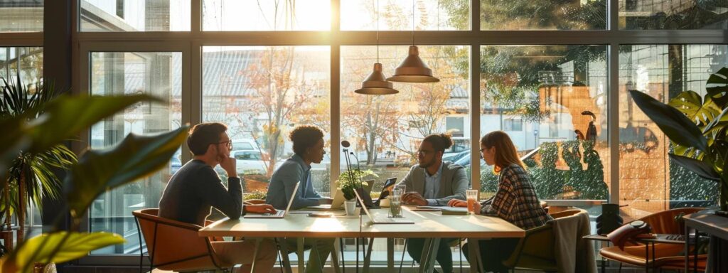 a dynamic workspace showcasing a diverse team collaboratively discussing digital designs on sleek laptops, illuminated by warm natural light streaming through large windows, symbolizing the pursuit of affordable and effective web design solutions.