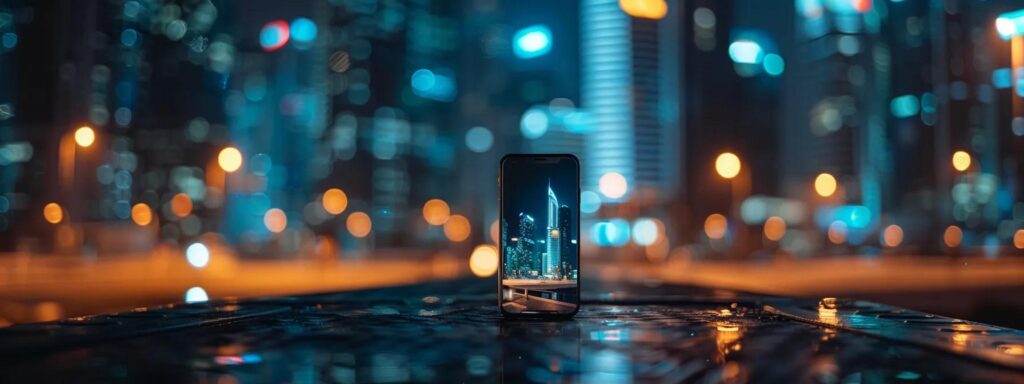 a sleek mobile device displaying a beautifully responsive website against a vibrant urban backdrop, highlighting the elegance of seamless design and technology integration.