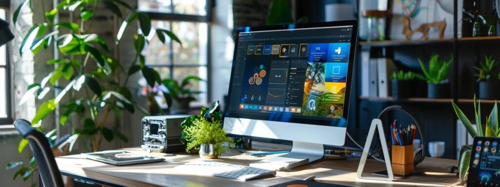 a sleek, modern workspace featuring a large computer screen displaying a vibrant, responsive web design interface, illuminated by soft natural light streaming through a window, embodying innovation and productivity in digital design.
