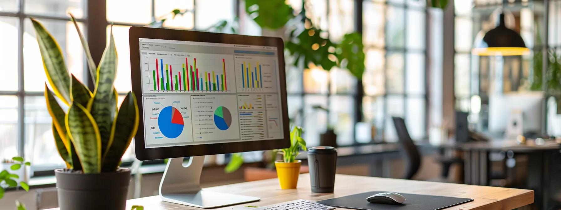 Modern workspace with a computer displaying colorful data charts, green plants, and a coffee cup, emphasizing responsive web design and digital marketing analytics.
