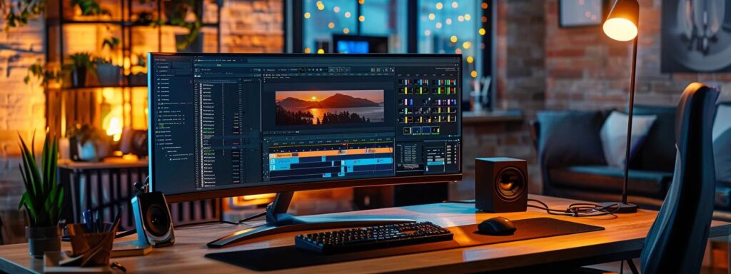 a sleek, modern workspace featuring a high-resolution monitor displaying a dynamic, responsive web design interface, illuminated by vibrant ambient lighting that highlights the tools and software integral to developers creating seamless user experiences across devices.
