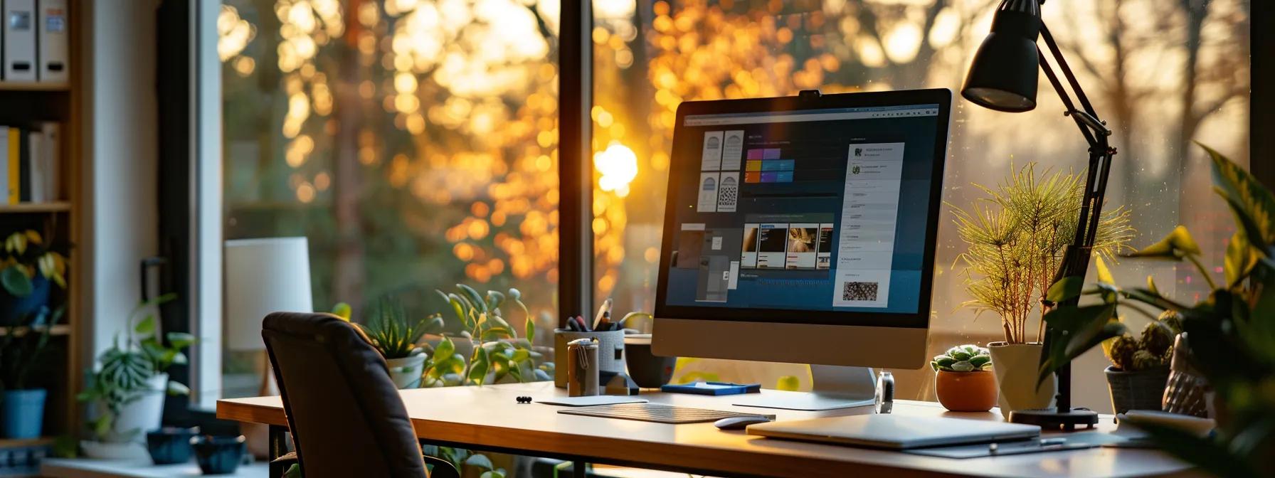 Sleek modern workspace with a computer displaying web design elements, plants, and warm sunset lighting, emphasizing digital marketing and responsive design themes.