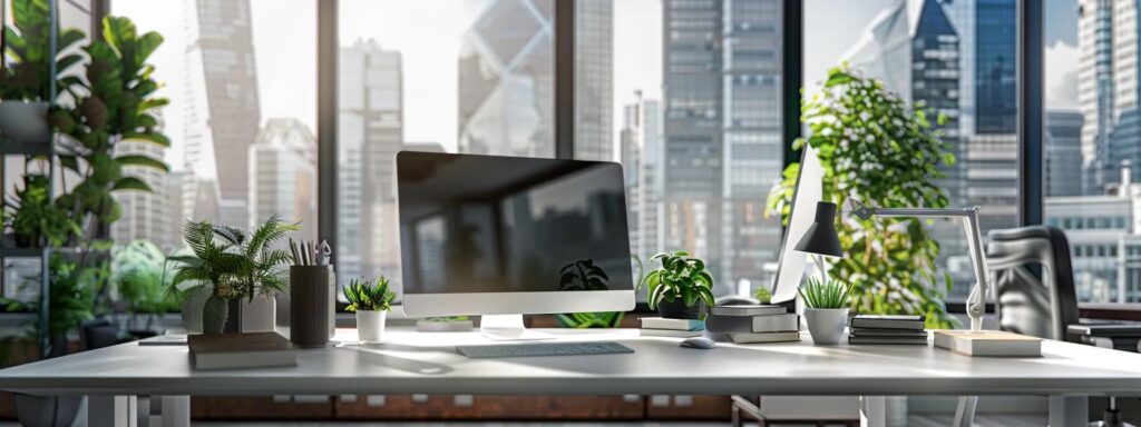 a sleek, modern workspace showcases a responsive web design on multiple devices, emphasizing seamless user experience and cost-efficiency in a bright, professional environment.
