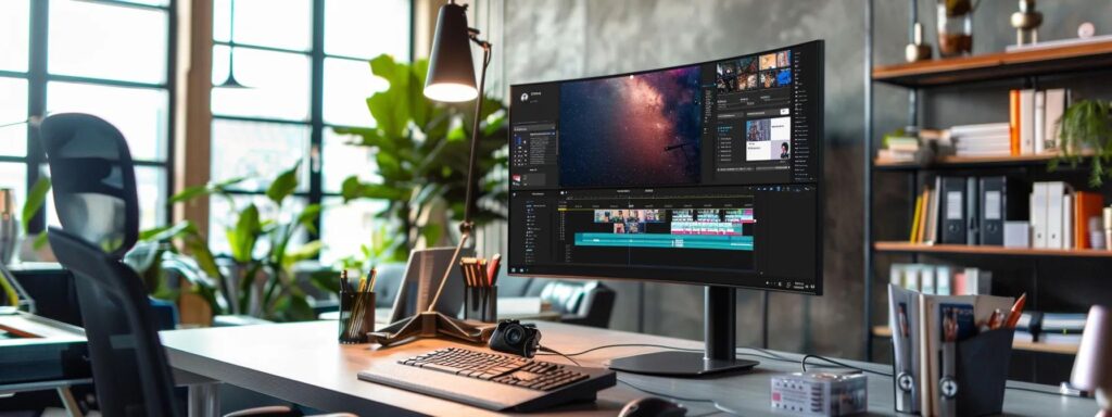 a sleek, modern workspace showcases a large monitor displaying a responsive website design, with vibrant layouts and adaptable media elements, emphasizing the dynamic nature of digital communication.