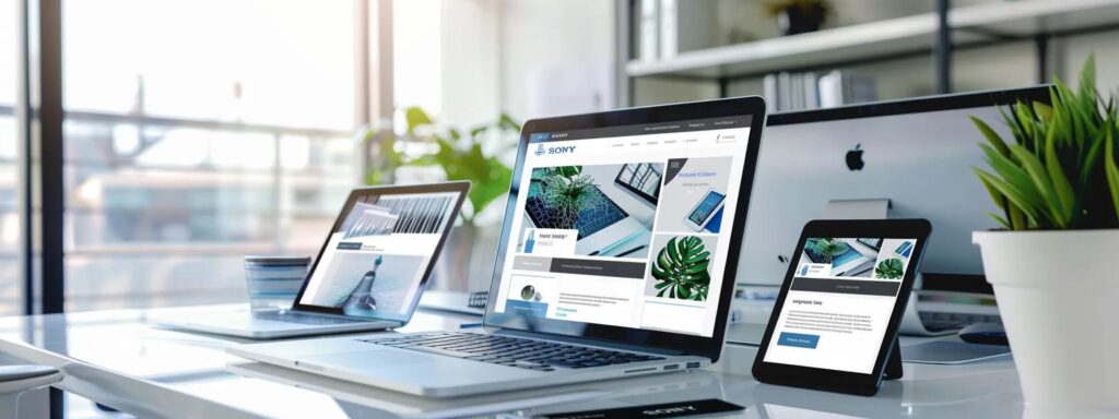 a sleek, modern workspace showcases multiple devices displaying a beautifully responsive website design, illuminated by natural light, highlighting its mobile-first features and structured data integration.