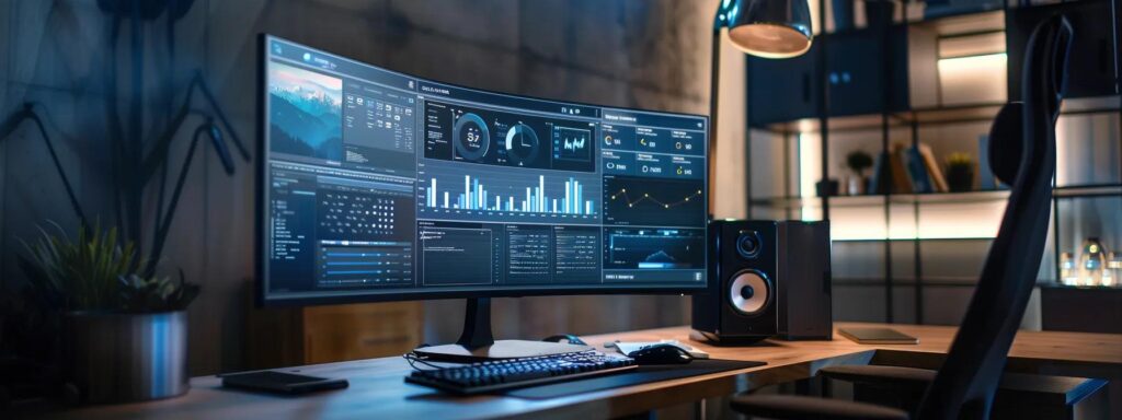 a sleek, modern workspace showcases a large monitor displaying a visually dynamic, responsive website design, emphasizing seamless usability across various devices.
