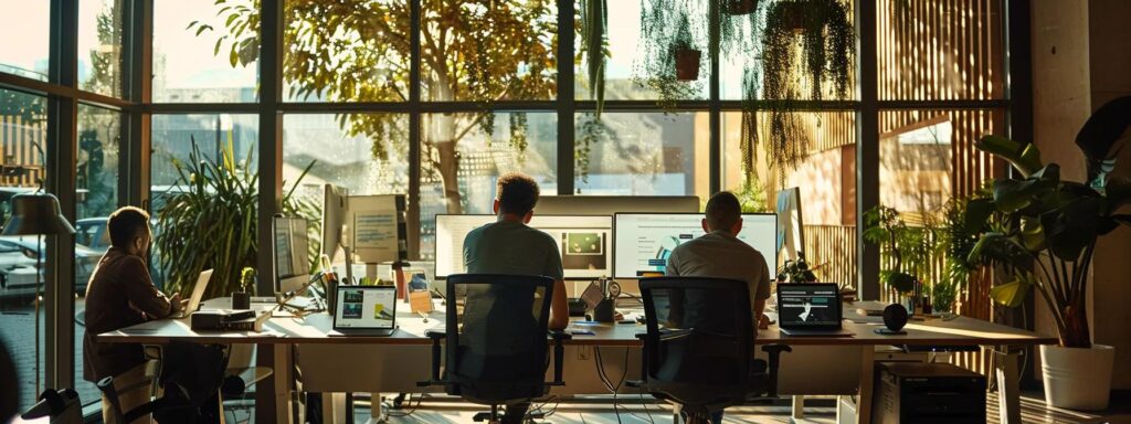 a sleek, modern workspace showcasing a diverse team collaboratively designing a responsive website on various digital devices, illuminated by natural light filtering through large windows, highlighting innovative design concepts and the essence of mobile-first principles.