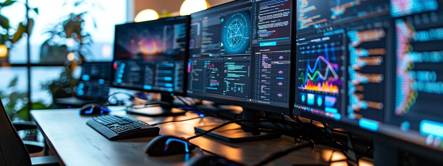 Sleek modern workspace with multiple monitors displaying data analytics, coding interfaces, and graphical representations, emphasizing responsive web design and digital marketing solutions.