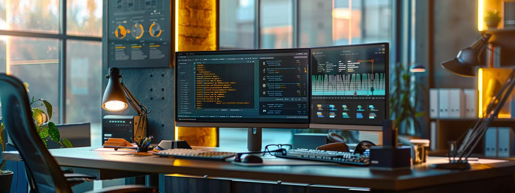 Modern workspace with dual monitors displaying coding and data analytics, ergonomic chair, desk lamp, and plants, reflecting a digital marketing and web development environment.