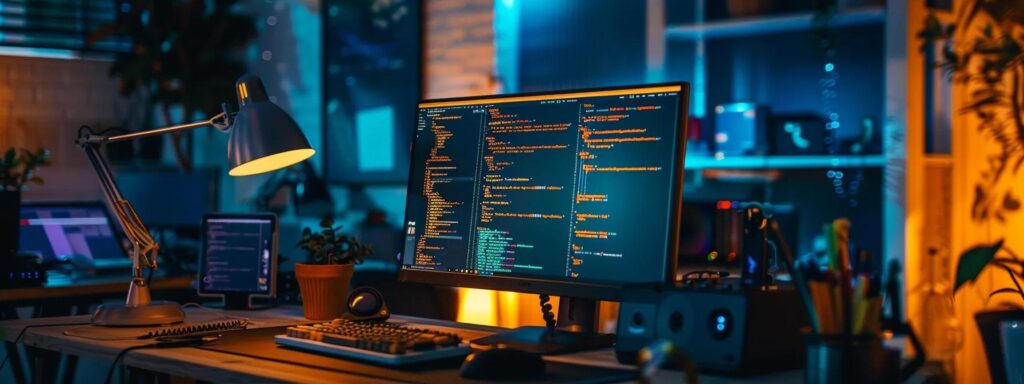 a vibrant and dynamic workspace showcasing a sleek computer screen displaying responsive web designs, surrounded by colorful code snippets and frameworks like bootstrap and foundation illuminated by warm, ambient lighting.