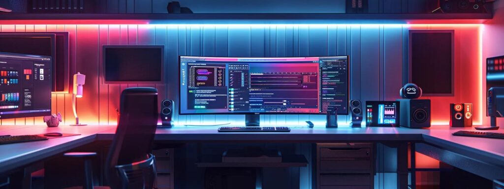 a vibrant, futuristic workspace showcases a sleek computer interface filled with no-code design tools and ai-enhanced mockups, illuminated by soft ambient lighting that highlights the seamless integration of mobile-first design elements.
