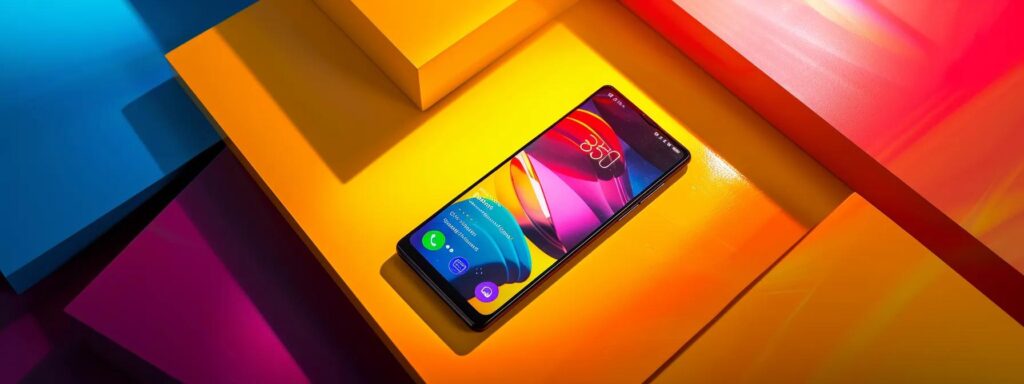 a vibrant mobile interface displayed against a sleek backdrop, showcasing bold colors and a fluid layout that emphasizes user accessibility and engagement.